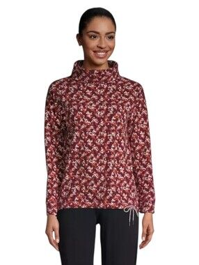 Lands' End Women's Burgundy Flower Funnel Neck Waffle Knit Sweater. Size Large